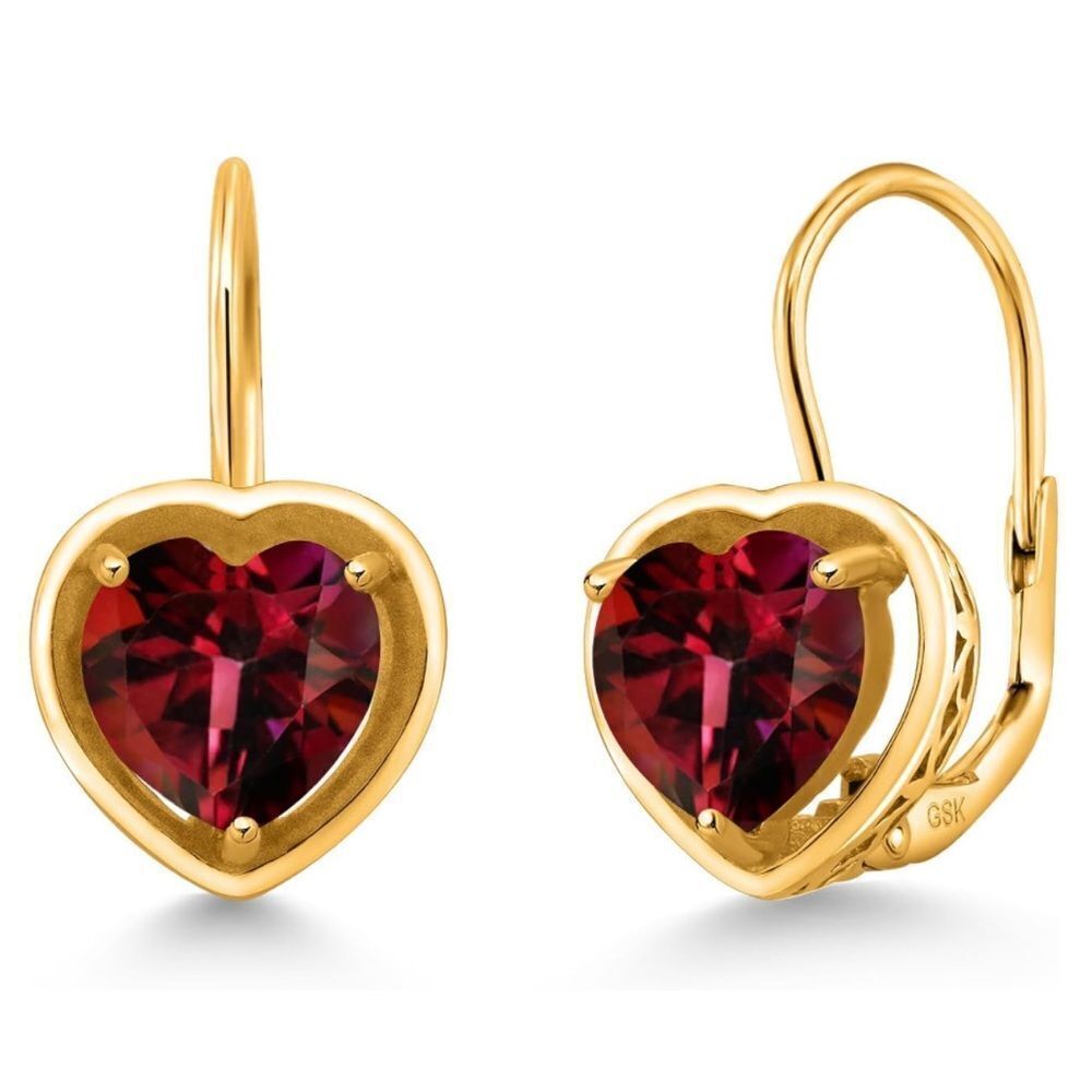 18K Yellow Gold 925 2.60 Cttw 7MM Red Mystic Topaz Heart Leverback Drop Earrings